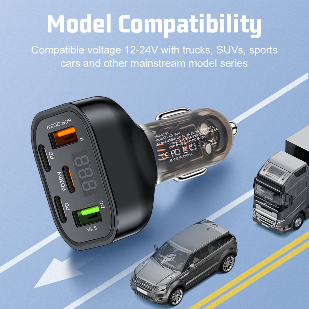 Cross-Border Digital Display Car Charger Super Fast Charging Head Five-Port Pd Flash Charging Suitable for Android and Apple High-Power Car Charger