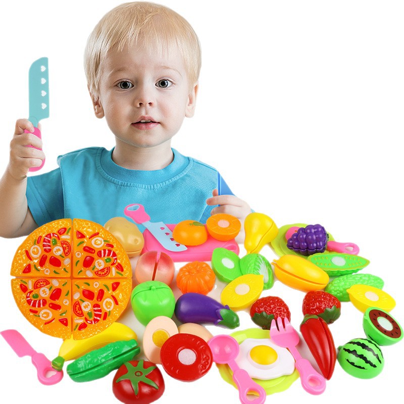 Children's Pretend Play Set for Boys and Girls, Cutting Fruits, Vegetables, and Pizza, Plastic Toy Food Set