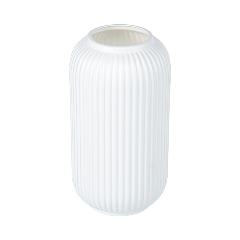 Japanese Style White Imitation Ceramic Plastic Vase Sense Light Luxury Striped Retro Nordic Style Living Room Ornaments Holly Silver Willow Flower-arranging