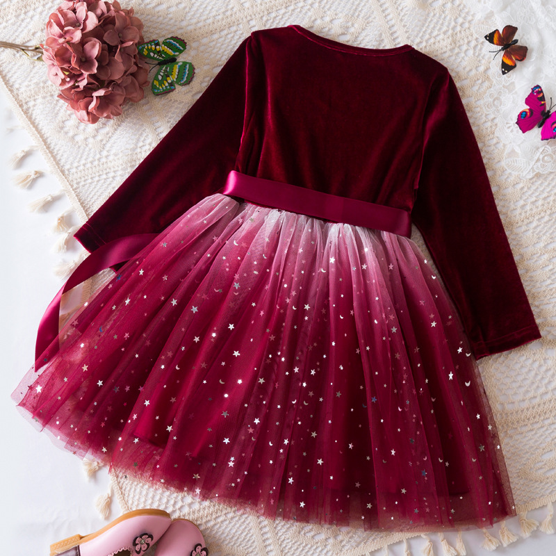 2025 New Autumn and Winter Girls Long-Sleeved Dress Korean Style Star Gradient Mesh Princess Dress Christmas Red Dress