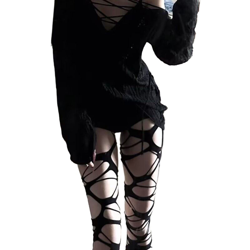 【By】Homemade Gothic Punk Flesh Socks Sexy Subculture Black Ripped Stockings Bottoming Pantyhose Fishnet Stockings