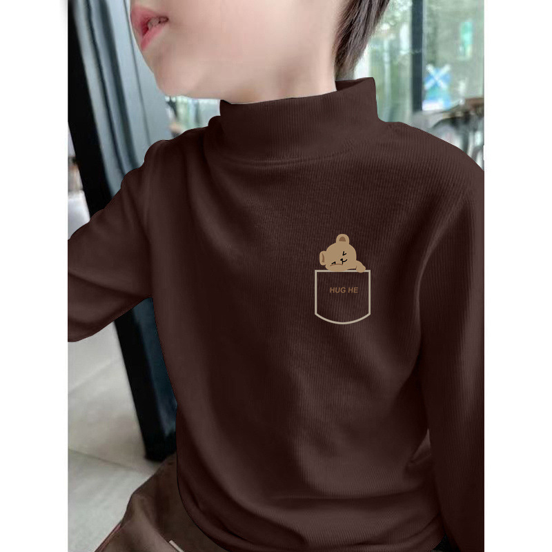 Y2556 # Children's Thermal Half-High Collar Base Shirt for Autumn and Winter, Boys' Long-Sleeve T-Shirt, Fleece-Lined Warm Top for Older Children.