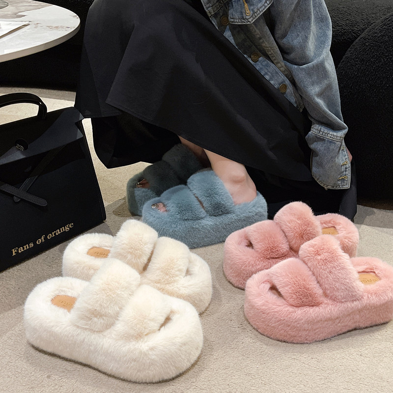 Cross-border foreign trade wholesale thick-soled 7cm plush slippers for women autumn and winter can be worn outside plus size warm home non-slip cotton slippers