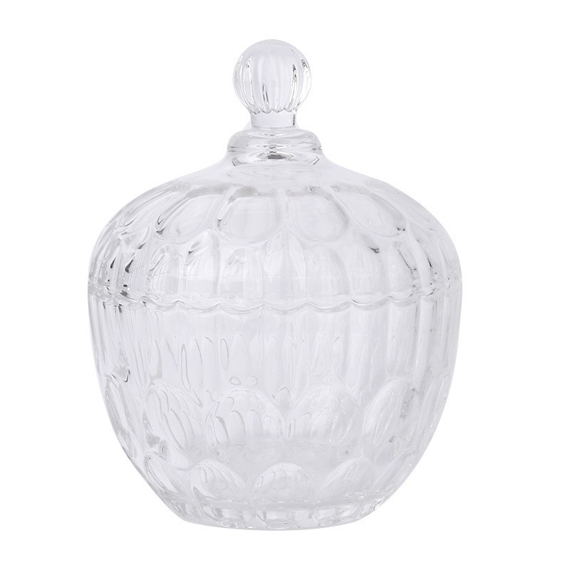 Wedding Candy Cup with Lid, Transparent Creative Embossed Glass Storage Box, Aromatherapy Candle Holder, Transparent Sugar Jar