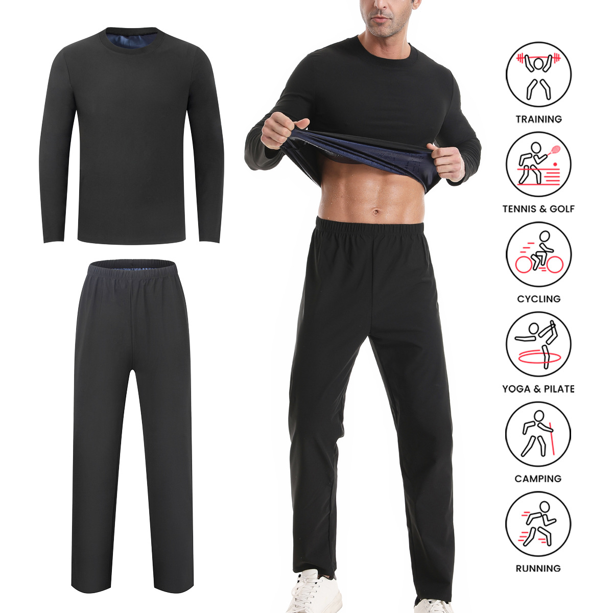 Sweat Suit Men's Long-Sleeved Pants Suit European and American Large Size Sweat Suit Sports Body Shaping Sweat Sweat Fitness Suit