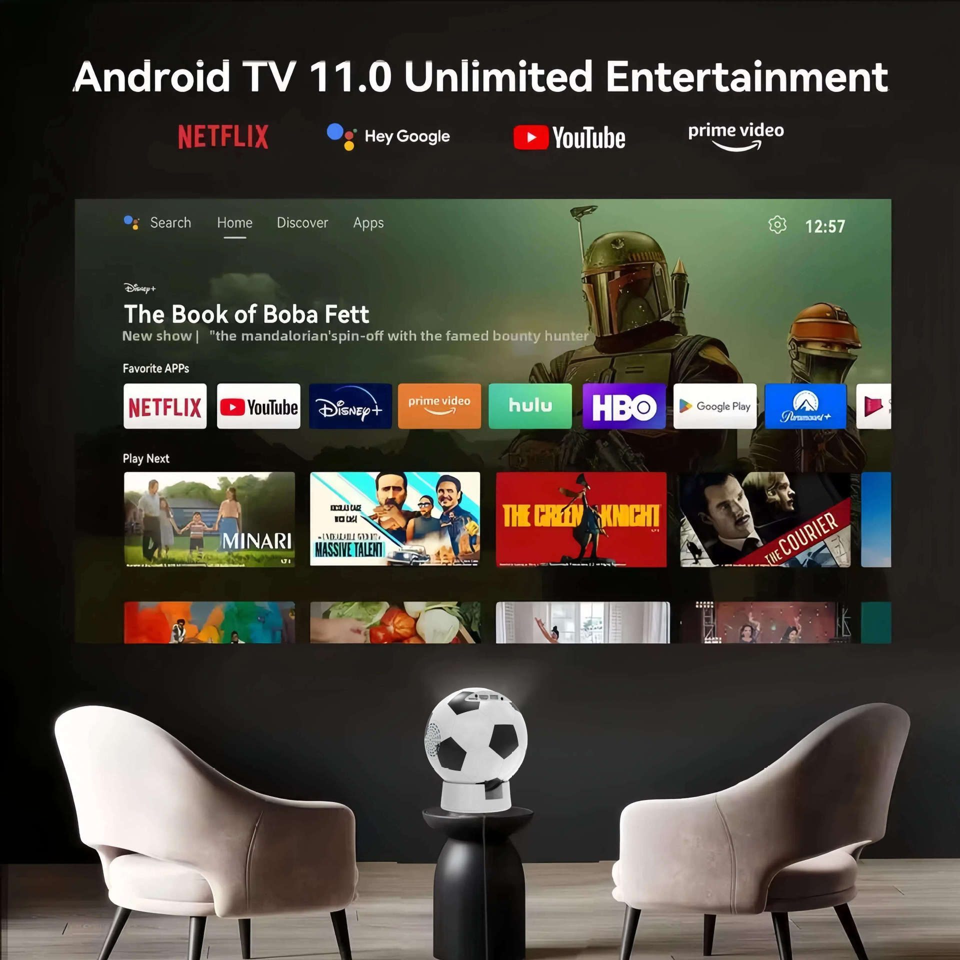 4K Football Projector, 1000 Lumens, Android 11, Bluetooth 5