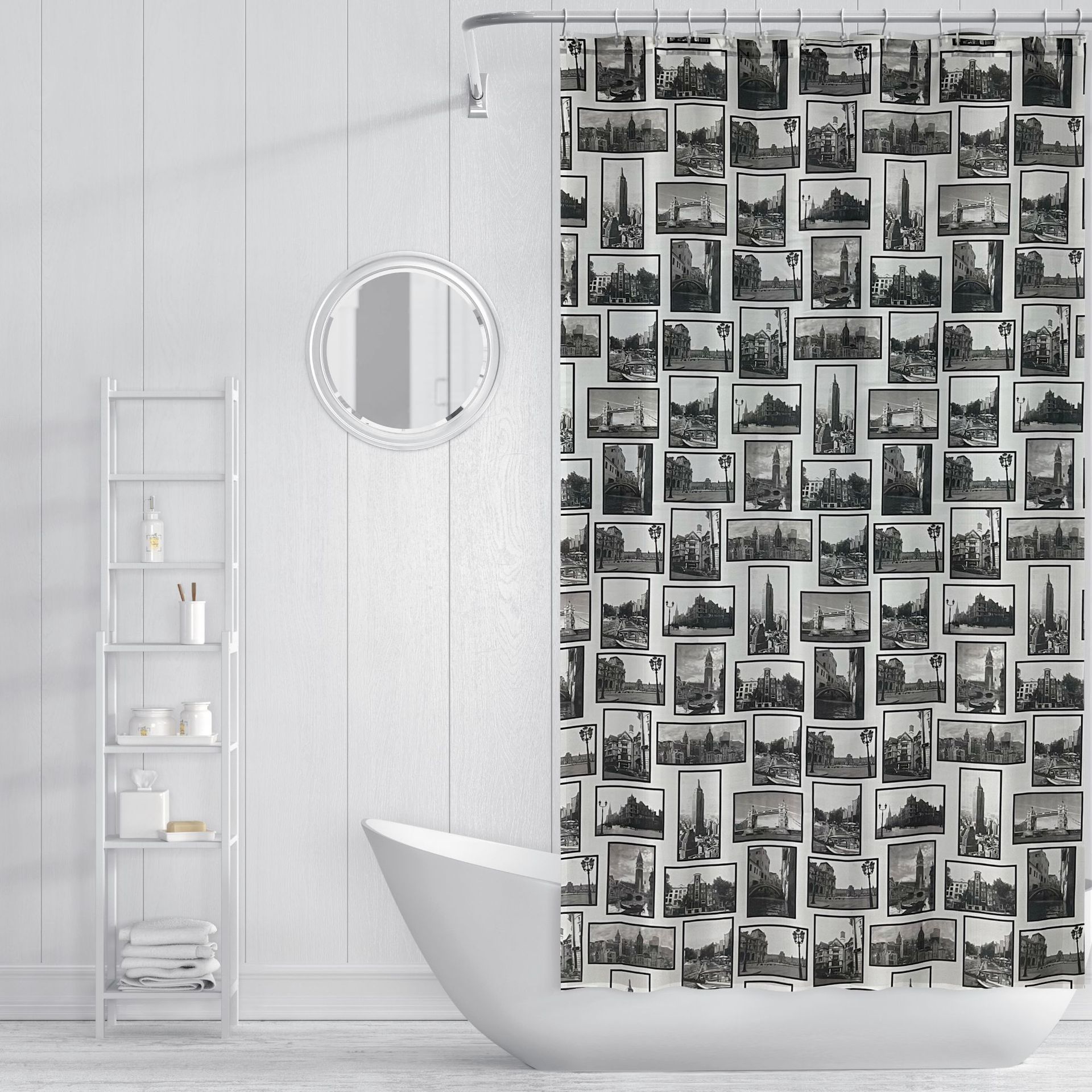 Cross-Border black and white city scenery waterproof polyester spring textile printing bathroom shower curtain partition curtain keyhole free