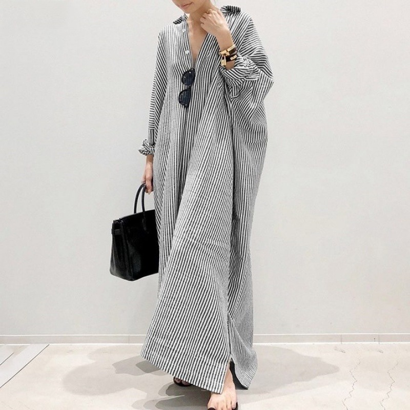 Cross-Border 2025 Southeast Asia Aliexpress New Cotton and Linen Stripesd Cardigan Loose Large Size Elegant Commuter Dress for Women
