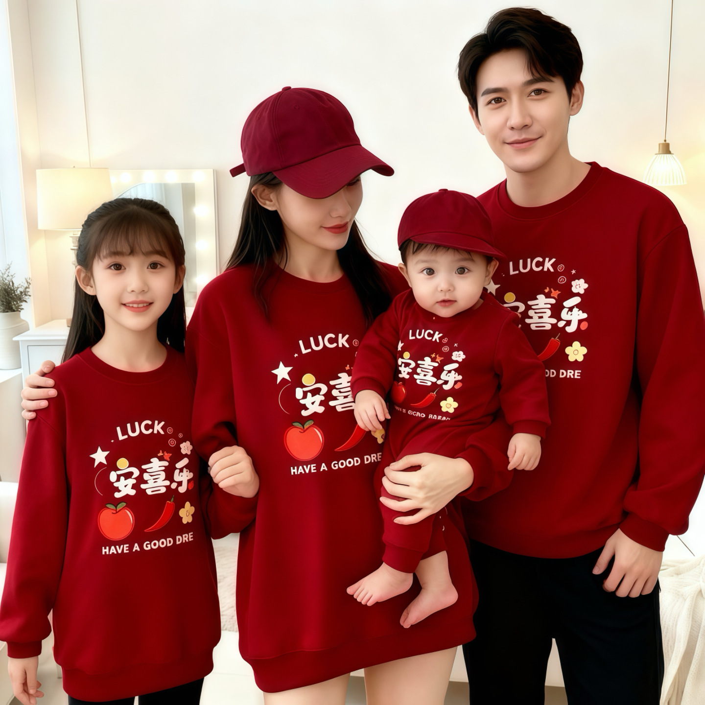 Новогодняя семейная одежда, мир и радость, осенне-зимний новый стиль, для семьи из трех и четырех, красная семейная толстовка на 2026 год