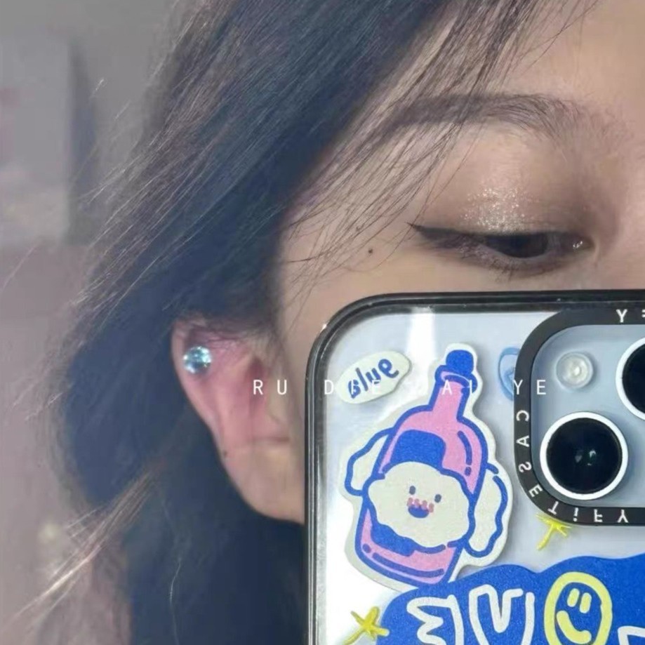 Blue Titanium Steel Ear Bone Stud with Ultra-Shiny Crushed Ice Blue Design, Ins-Style Blue Ear Bone Ring with Stacked Ear Studs