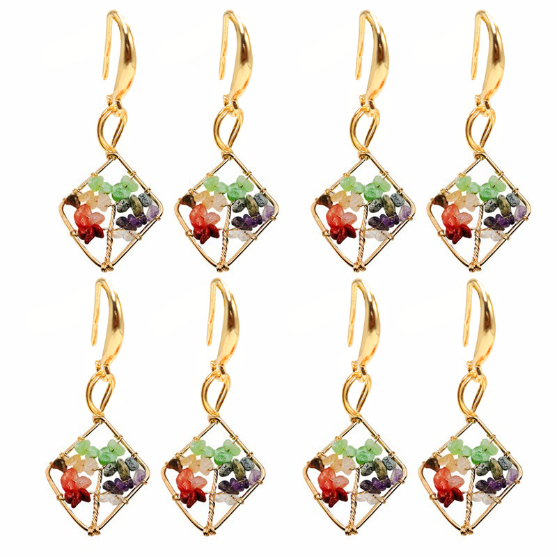 Tree of Life Natural Stone Crystal Pure Copper Hook Earrings Handmade Copper Wire Wrapped Multicolored Raw Stone Earrings Jewelry