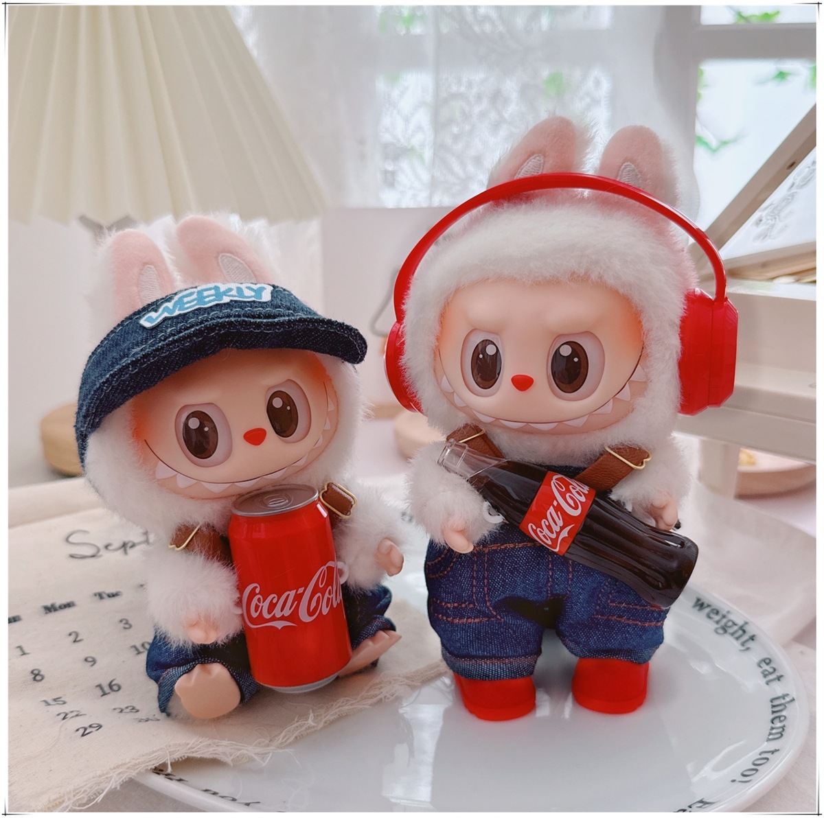 First, Second, and Third Generation Labubu Coca-Cola Baby Clothes Sitting and Standing Vinyl Labubu Clothes Overalls Headphones Shoes