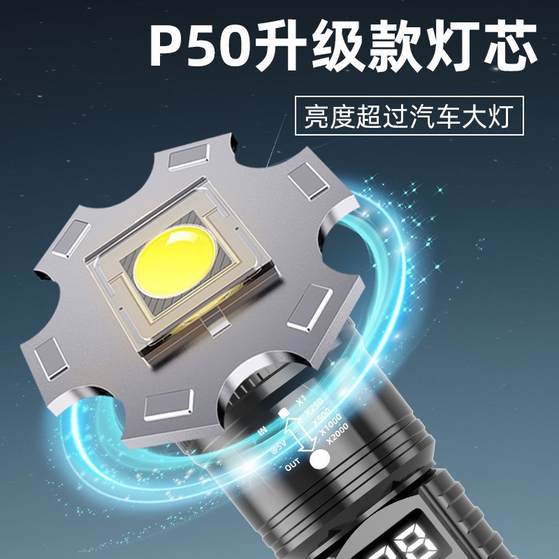 Cross-Border P50 Strong Light Flashlight Rechargeable Telescopic Zoom Work Light Digital Electric Display Portable Flashlight Long Battery Life