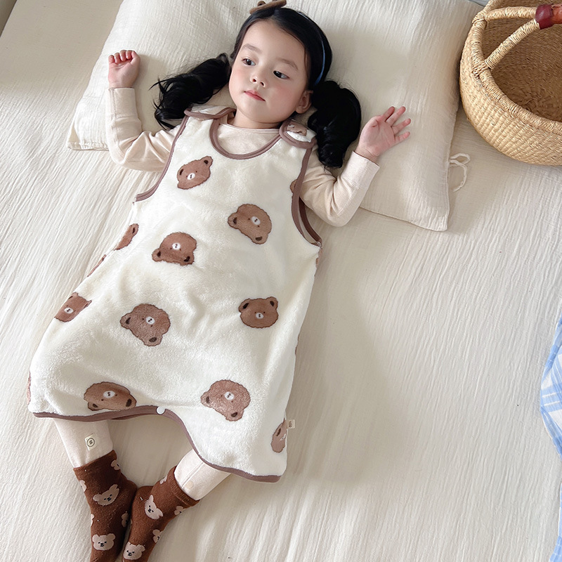 Осенне-зимний детский флисовый спальный мешок, четырехсезонный, толстый, с раздельными ногами, для мальчиков и девочек, мультяшный домашний комбинезон