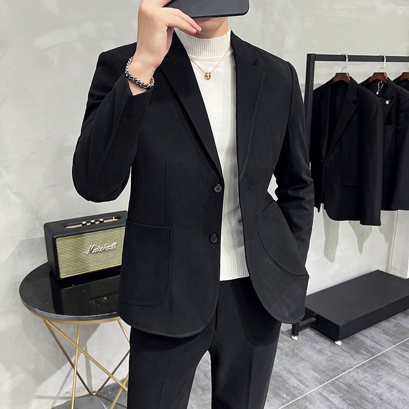 Spring and Autum Thickeneded Woolen Casual Suit Men's Suit Korean Style Slim British Style Handsome Suit Two-Piece Set for Men