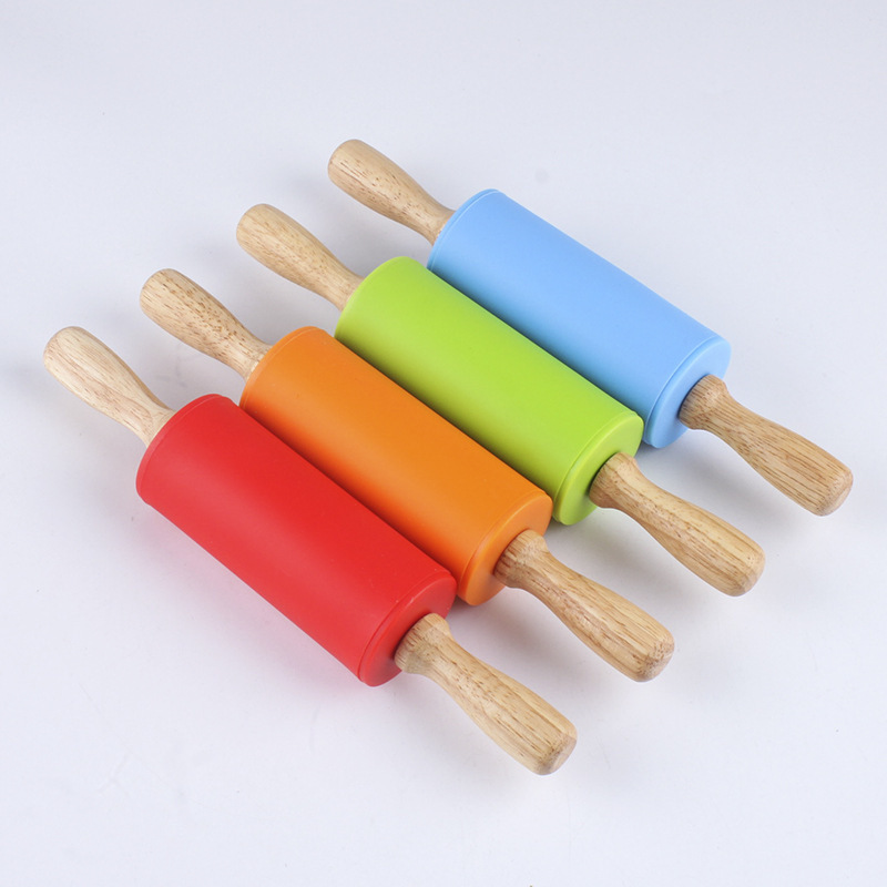 Manufacturer Wholesale Large Silicone Rolling Pin with Wooden Handle Non-Stick Dough Roller Stick Flour Direct Sale