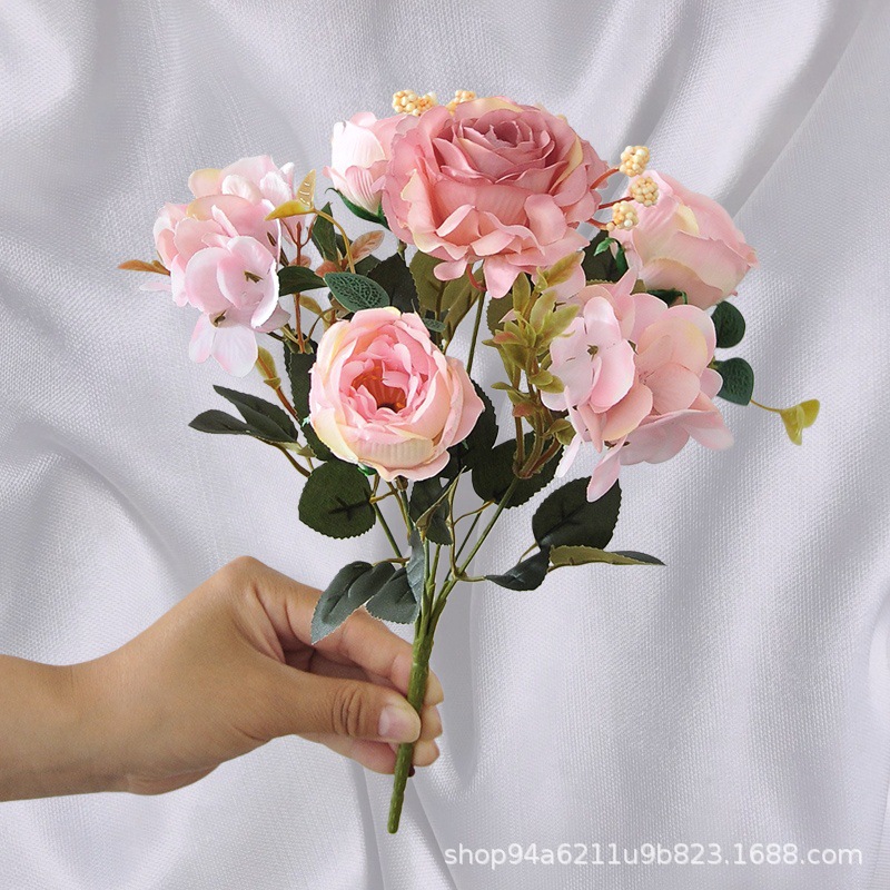 Retro Color Rose Artificial Bouquet Hydrangea Peony Home Living Room Decoration Fake Flower Silk Flower Dining Table Coffee Table