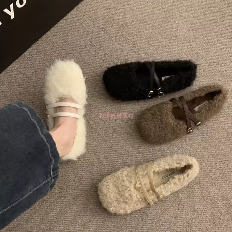 Mary Jane Fur Shoes for Women's Autumn and Winter Outer Wear 2025 New Versatile Pregnant Women's Soft-Soled Bean Shoes Fleece-Lined Cotton Scoop Shoes