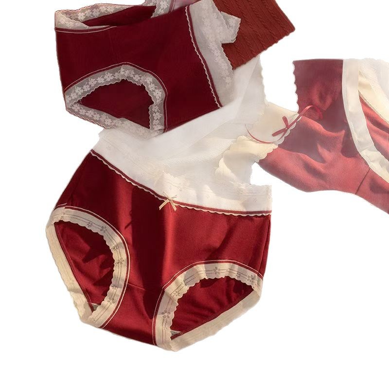 Benmingnian Red Cotton Lace Underwear Women's Shaving Traceless Middle Waist Breathable Bacteriostatic Crotch Women's plus size Wedding Festive