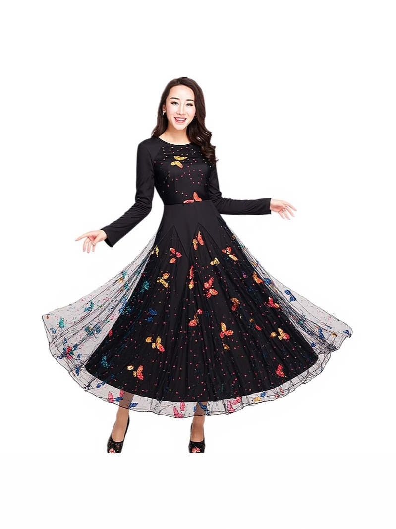 Modern Dance Skirt Dress, Large Hem Skirt, Long-Sleeved Performance Clothing, Ballroom Dance Performance Clothing, Modern Dance