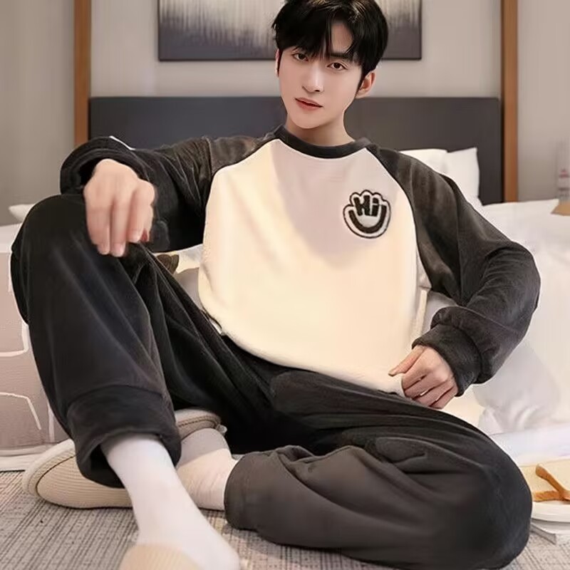 90kg Plus Size Pajamas for Men in Autumn and Winter, Thickened and Velvet-Lined, Long-Sleeved, Warm Pullover Home Wear Two-Piece Set
