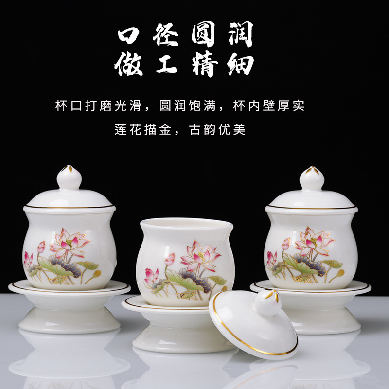 Painted Ceramic Lotus Supply suit Monastery Household Buddha Ritual Fruit Plate Water Supply Cup Buddha Hall Tribute Ornaments Wholesale