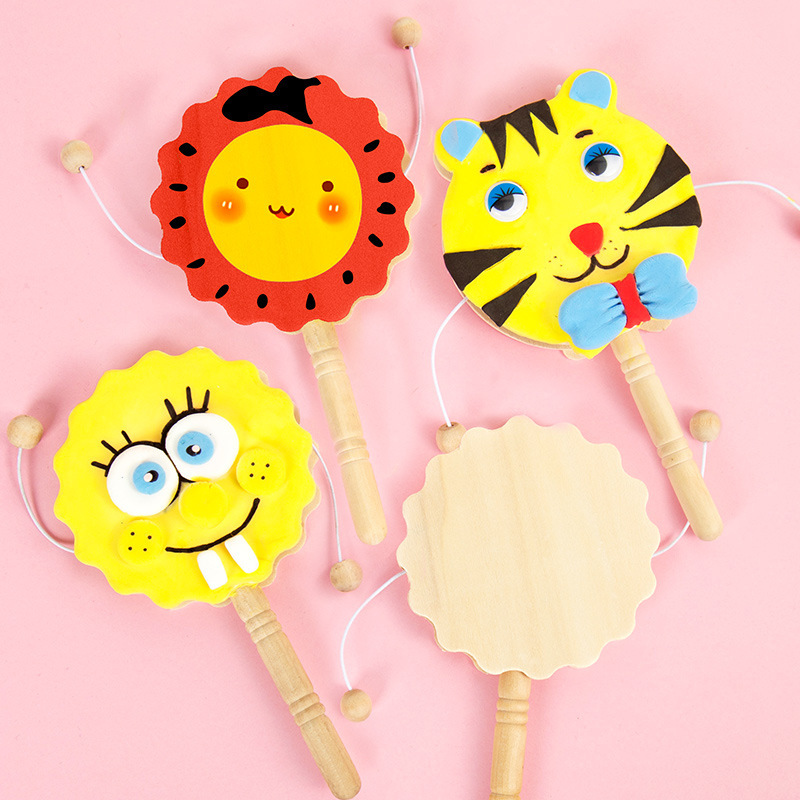 Hand-Painted Rattle DIY Material Kidsren's Hand-Cranked Small Drum Painting White Embryo Homemade Musical Instrument Graffiti Toy Handicraft Class