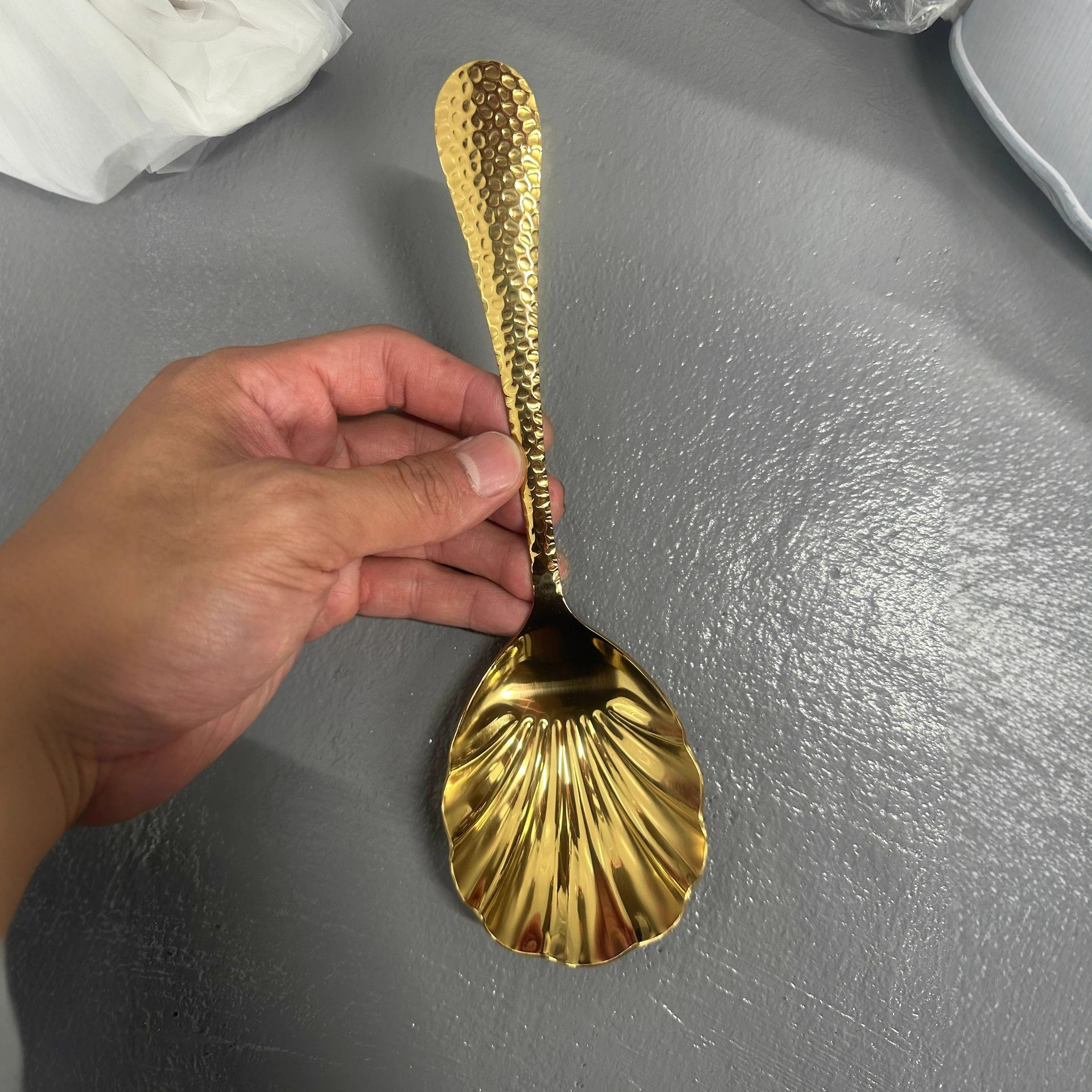 Stainless Steel Hammered Serving Spoon, Mixing Spoon, Large Shell Spoon, Long Handle Serving Spoon, Gold