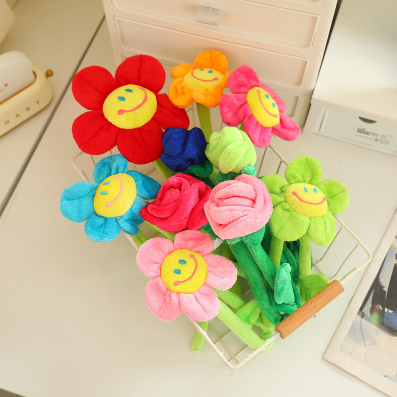 Cartoon Rose Plush Toy Fabric Sunflower Curtain Buckle Bouquet Simulation Flower Arranging Wedding Valentine's Day Gift
