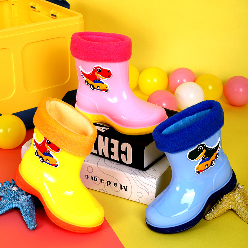 Children's Rain Boots Non-Slip Soft Bottom Cute Cartoon Dinosaur Fleece-Lined Warm Removable Rain Boots for Men, Women, Middle-Aged and Older Kidsren