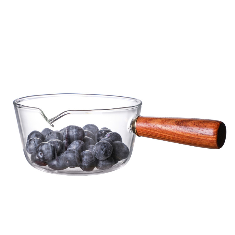 Wholesale Glass wooden handle small milk pot instant noodle pot household small soup pot salad pot open fire instant noodle bowl Hot Milk Cup