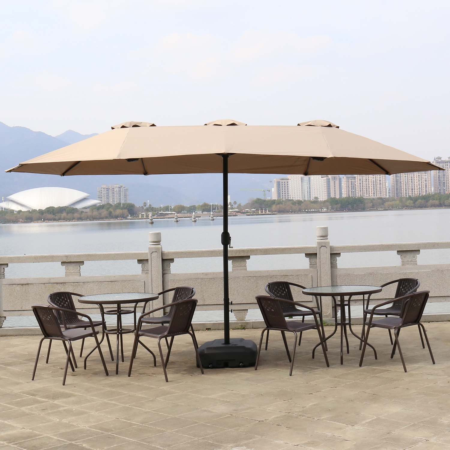 Outdoor Parasol Three-head Umbrella Roman Umbrella Commercial Large Sun Umbrella Rectangular Middle Column Patio Umbrella Outdoor Stall