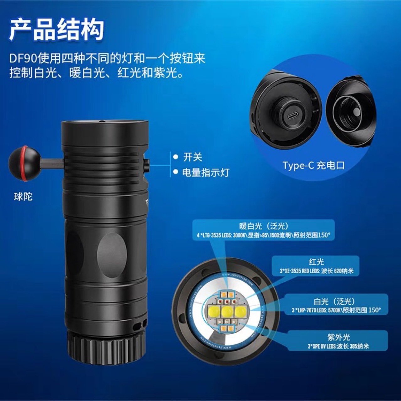 New Led Strong Light Diving Flashlight Df90 Diving Fill Light Underwater Photography Lighting Waterproof Flashlight Warm Light