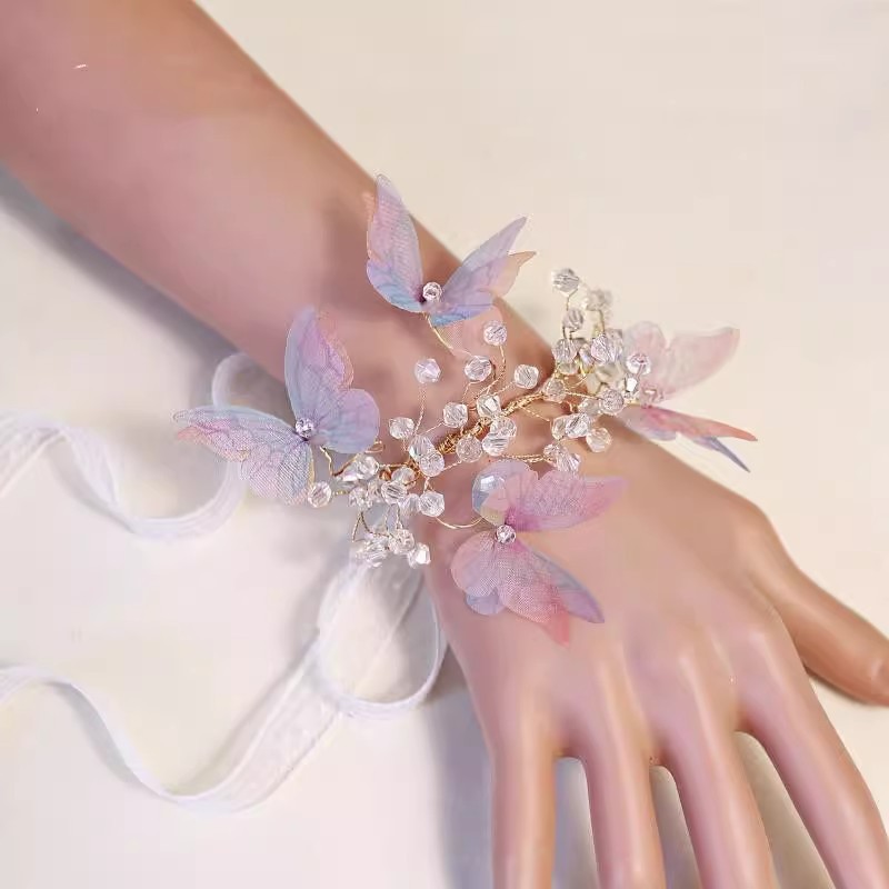 Красивый и свежий лесной стиль свадебный цветок на запястье невесты Браслет для группы подружек цветок голубой розовый бабочка кристалл цветок с ручной завязкой