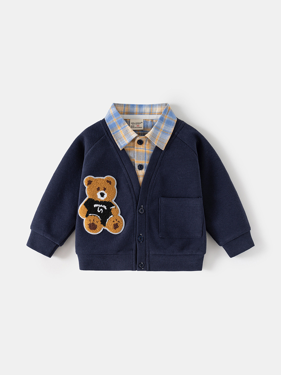 Spring new Korean version of fake two-piece coat children's fashion long sleeve sweater boy cartoon top tide children's clothing wholesale