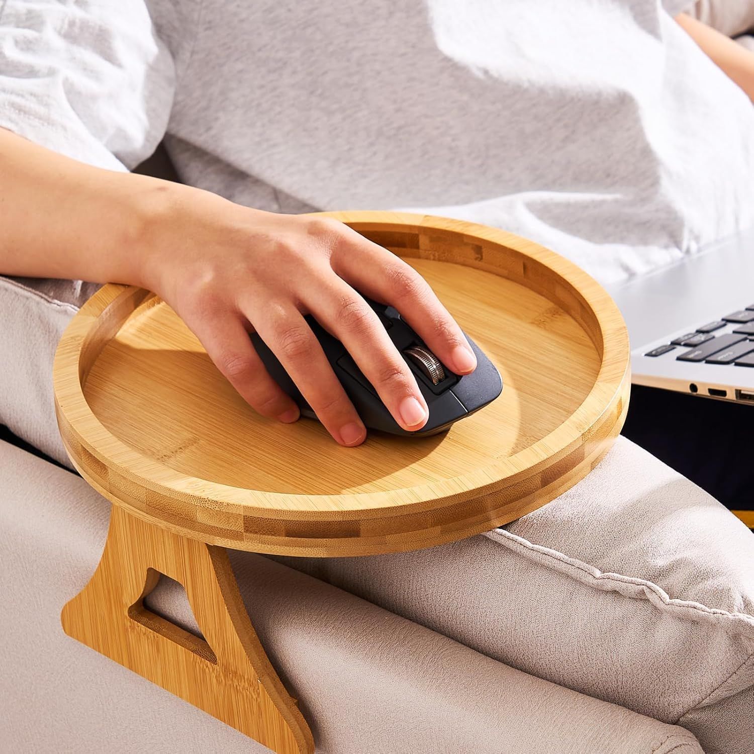 Bamboo and Wood Natural Color Lazy Sofa Armrest Tray, Portable and Foldable, Round Portable Folding