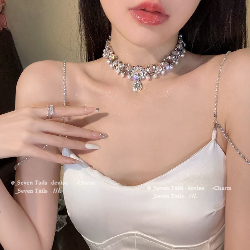 Pearl Diamond Water Drop Flower Necklace French Style Light Luxury Clavicle Chain Niche Evening Dress Fashion Necklace Women