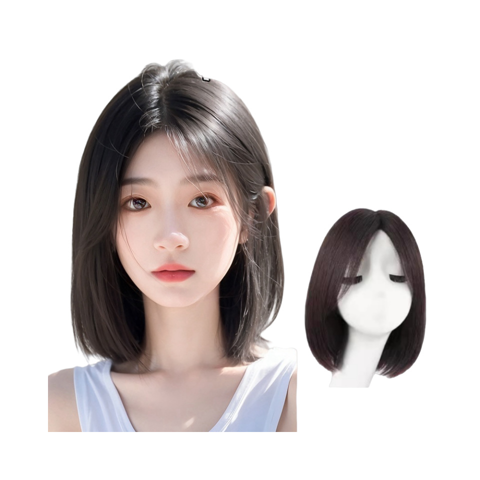 Wig Women's Full Head Cover Korean First Love Clavicle Hair Imitation Full Human Hair Mid-Fringe Short Hair Bobo Head Wig Cover