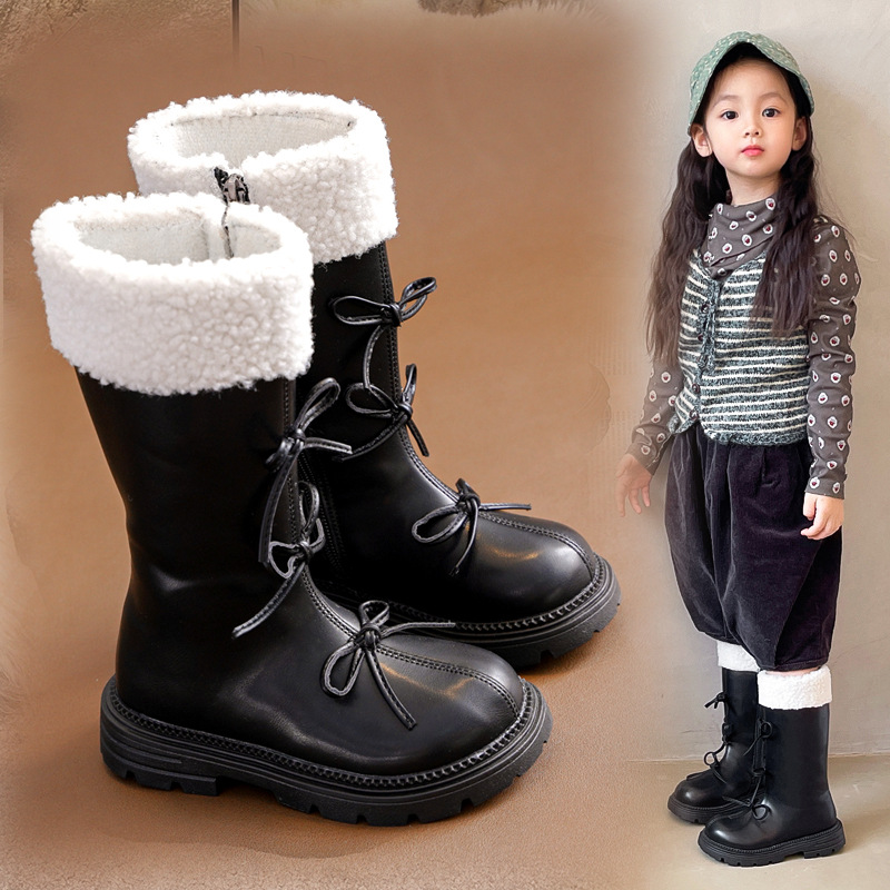 Girls' Boots Shoes Kidsren's Long Boots 2025 Autumn and Winter New Winter High Leather Boots Princess Baby Fleece-Lined