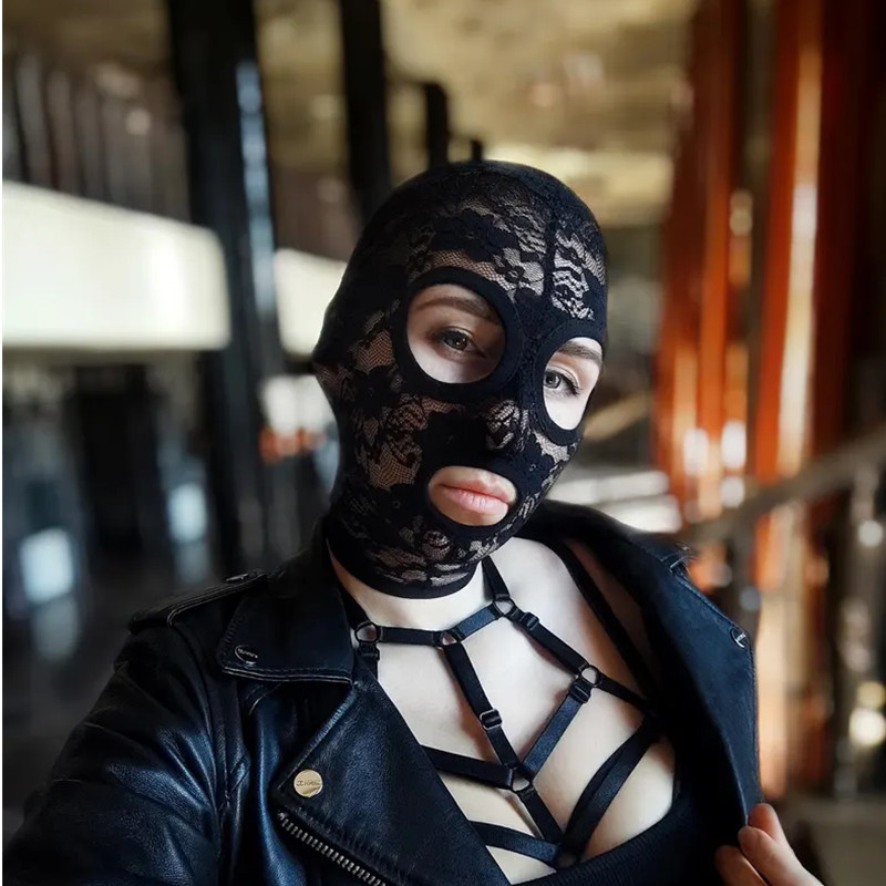 Black All-Inclusive Lace Hood Adjustable Lace-Up Mouth Mask Leather All-Inclusive Cosplay Adult