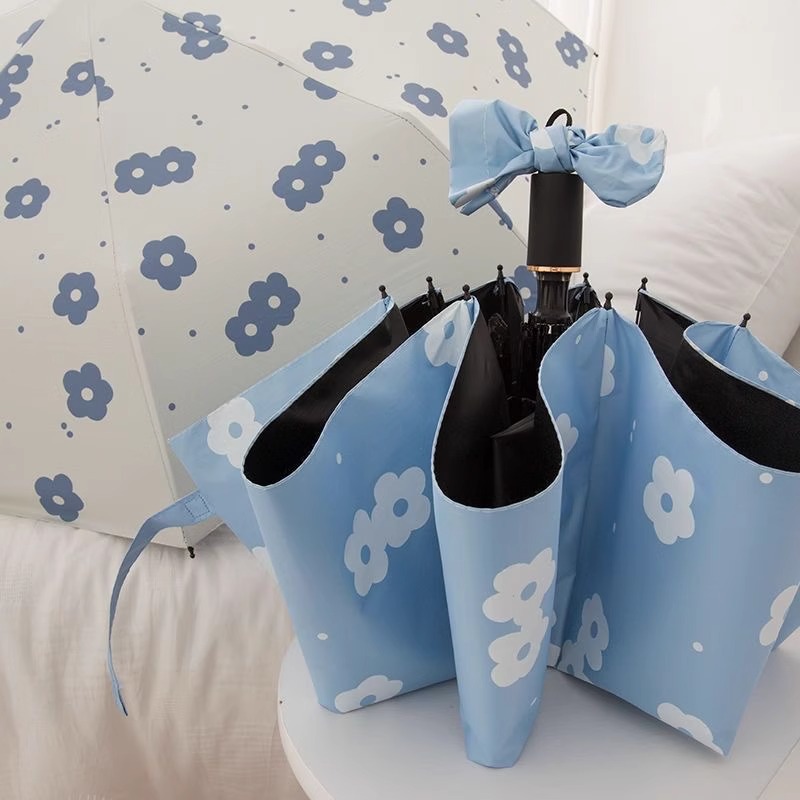 Automatic Umbrella Women's Fresh Ins Style Flower Folding Student's Black Glue Sun Protection and Rain Dual-Use Sunshade Umbrella Three-Fold