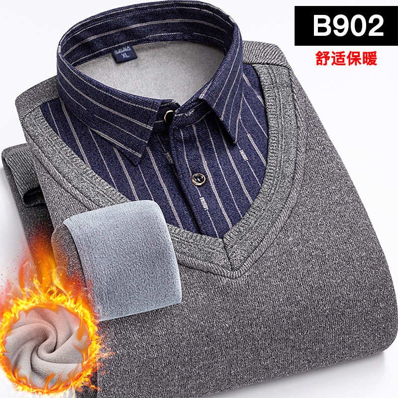 Cotton-added Middle-aged Thermal Underwear Men's Velvet-added Thickened Middle-aged High-end Fake Two-piece Top for Dad Warm Sweater