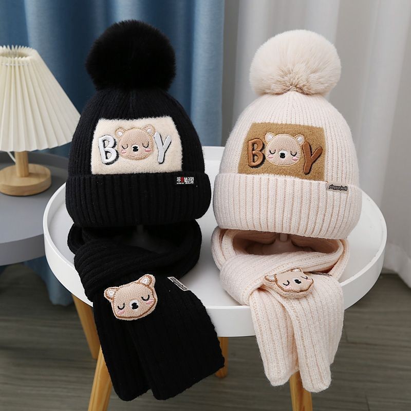 Two-piece Hat Scarf Winter Children's fleece-lined Thick Cold-proof Ear Protection Knitted Hat Scarf suit Cartoon Wool Hat