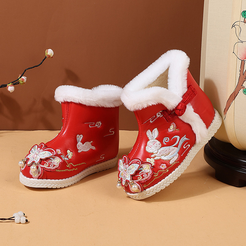Girls' Embroidered Shoes fleece-lined Cotton Shoes Children's Hanfu Shoes Chinese Style Children's Snow Boots Waterproof Ancient Coat Cotton Shoes Trendy
