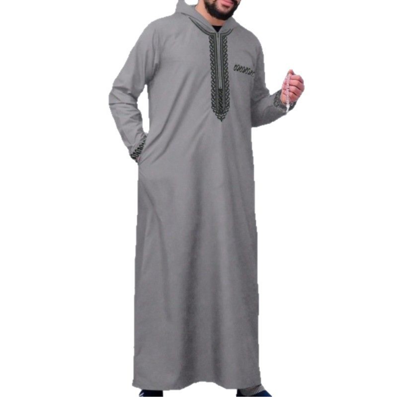 2025 Loose Muslim Men's Robe Long-Sleeved Embroidered Hooded Zipper Islamic Loose Casual Men's Robe