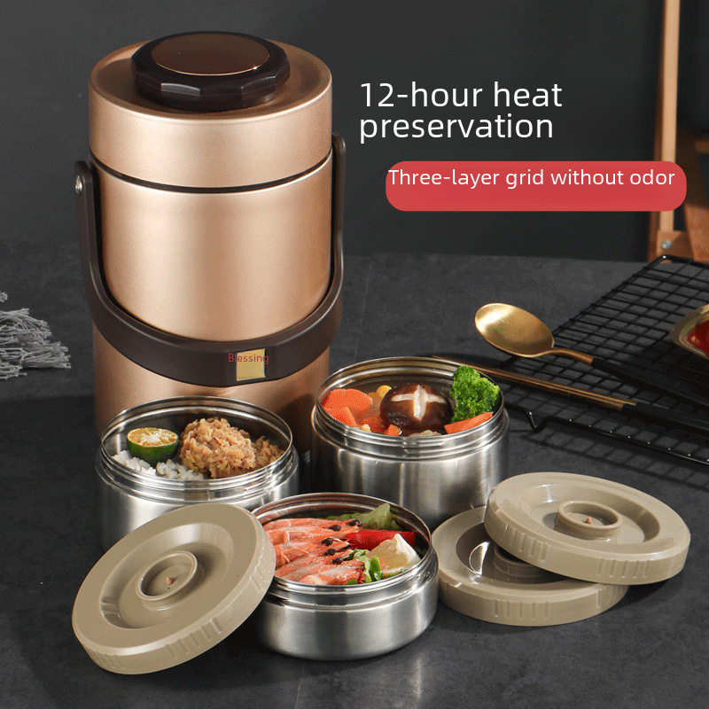 Stainless Steel Lunch Box Vacuum Three-Layer Insulated Pot Large Capacity Student Office Worker Compartment Portable Multi-Layer Lunch Box