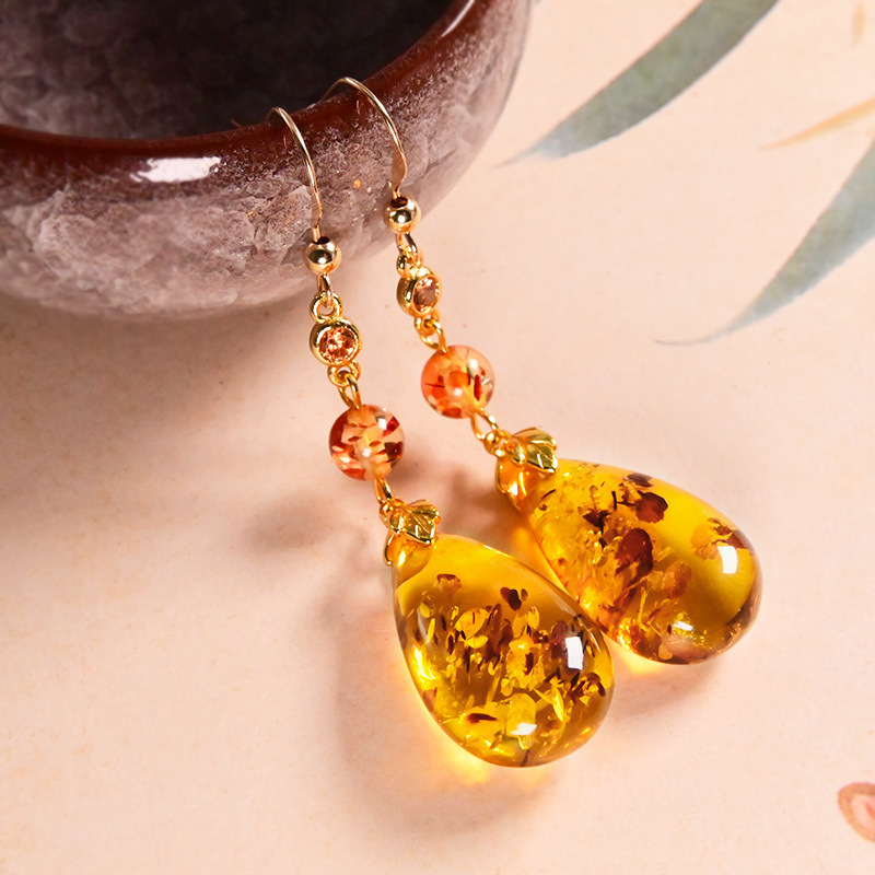 Earrings with Gold-Plated Versatile Water Drop Design, Pure Silver Natural Amber 25 Earrings, New Model S9 Women's Fashion Flower Amber Ear Hooks