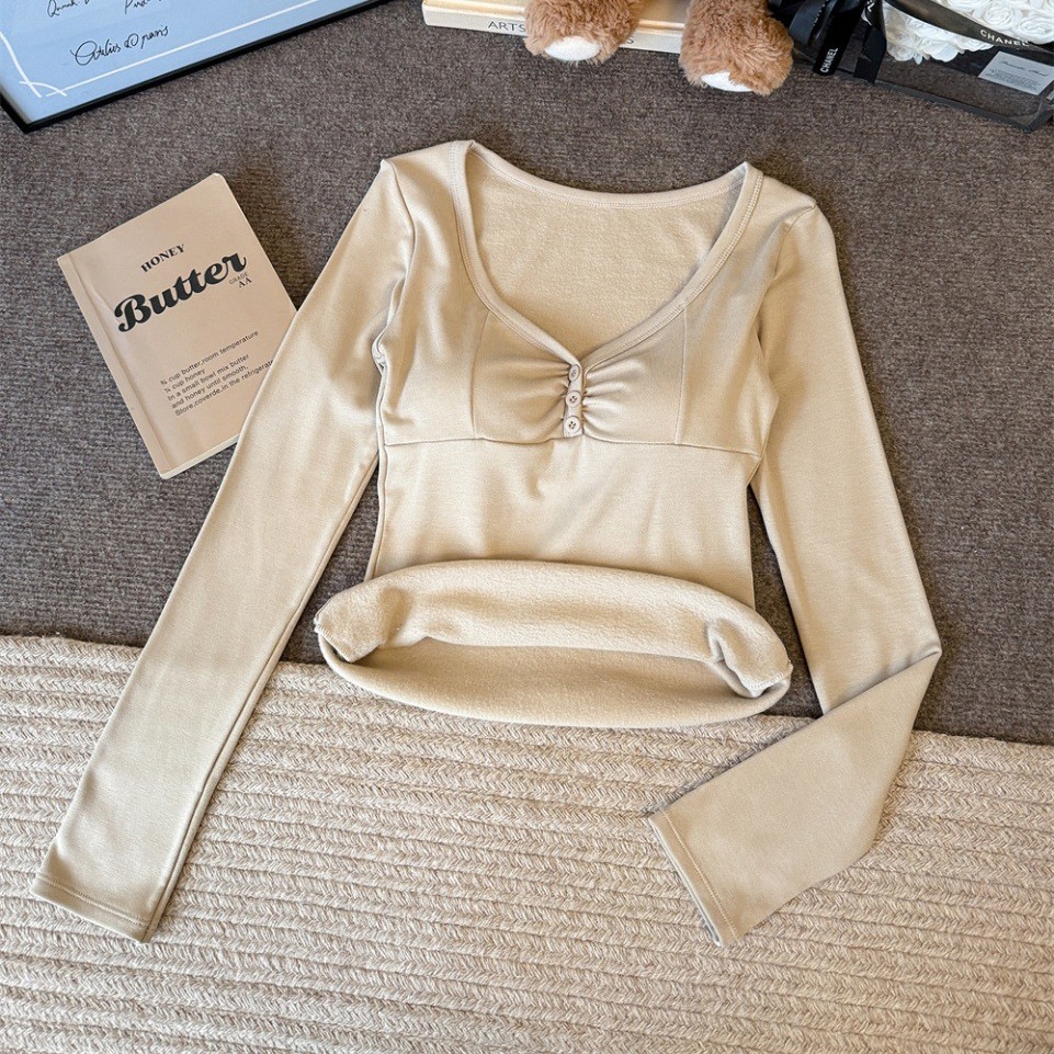 5197 # Trendy Slim Fit V-Neck Design Niche Long Sleeve T-Shirt for Women, Solid Color Base Layer with Chest Pad