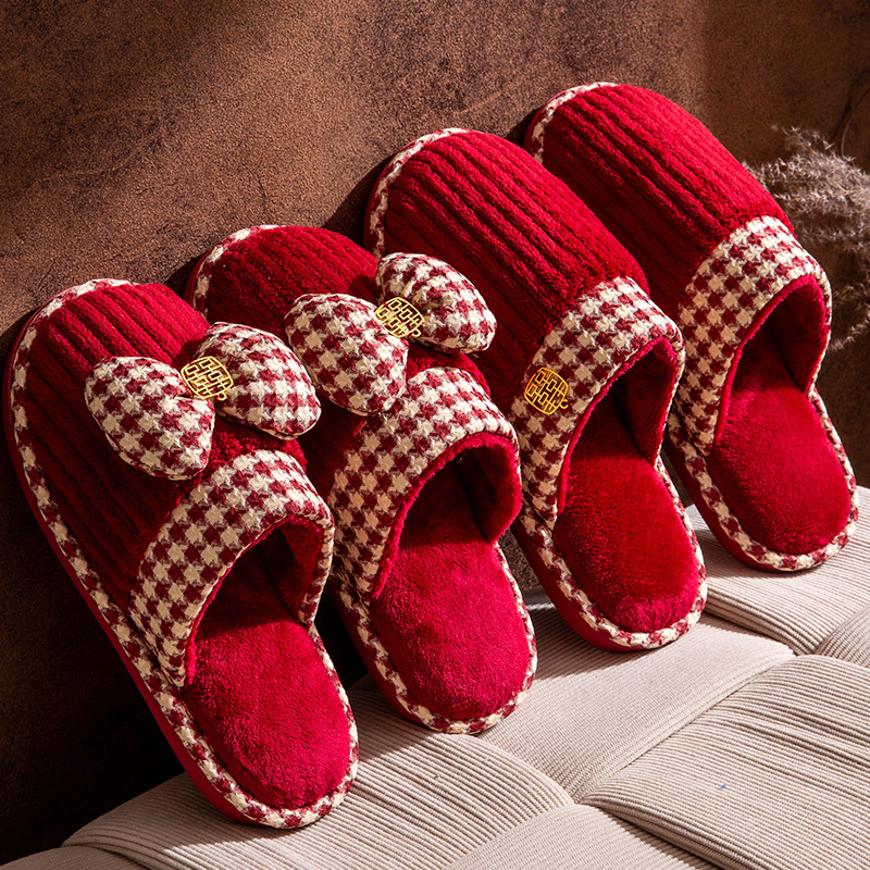 Свадебные тапочки Праздничные красные Пара 2024 Новые зимние домашние тапочки для молодоженов Новобрачные хлопковые тапочки