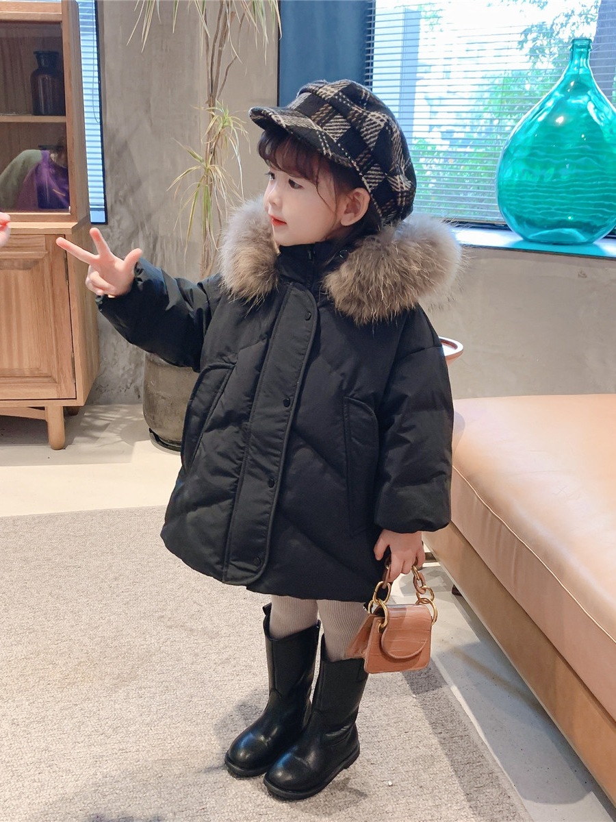 Girls 90 White Duck down Jacket Mid-Length Style Baby Winter Clothing Kidsren's Korean Style Large Fur Collar Warm Hooded Jacket